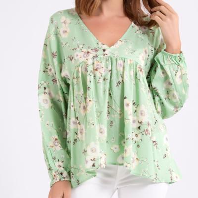 China 2021 Women's Elegant Casual V-Neck Floral Print Long Lantern Sleeve Breathable Monki Blouse Top for sale