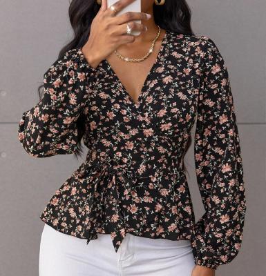 China Women Kimono Blouse V-Neck Breathable Random Floral Print Belted Blouse for sale