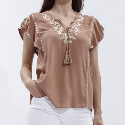 China Breathable Summer Cute Notched Neck Embroidery Ruffles Casual Blouse Drawstring Top For Women for sale