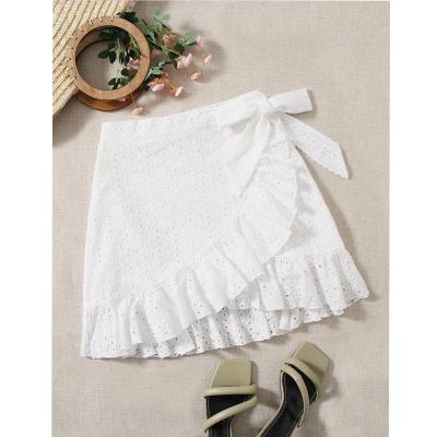 China Breathable Schiffy Embroidery Knot Ruffle Edge Girl Summer Skirt Cute Wrap Mini Skirt for sale