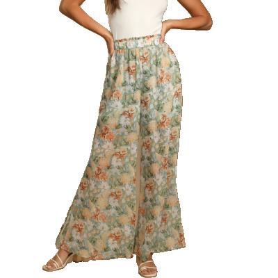 China Summer QUICK DRY Stylish Floral Print Elastic High Waist Side Split Wide-Leg Casual Pants For Women for sale