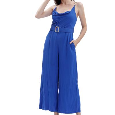 China QUICK DRY Summer Elegant Sling Cowl Neck Button Up Chain Belted Wide Leg Overalls For Women for sale