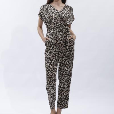 China Hot Sale QUICK DRY Stylish V-Neckline Short Sleeve Belted Romper Vintage Leopard Jumpsuit For Women for sale