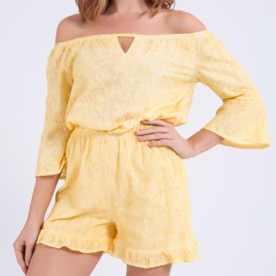 China QUICK DRY Summer Boho Solid Ruffles Shorts Jumpsuit Rompers Long Sleeve Off The Shoulder Casual Playsuit for sale