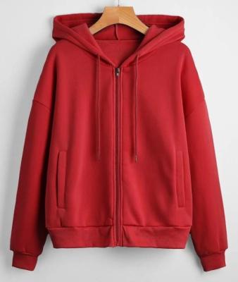 China New Casual Style Anti-pilling Autumn Solid Color Zipper Up Drawstring Drop Shoulder Hoodie For Women for sale