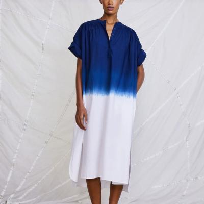 China Viable Oversized Monki Stand Collar Butto Cotton Side Split Short TIE DYE Sleeve Midi Casual Dress For Women for sale