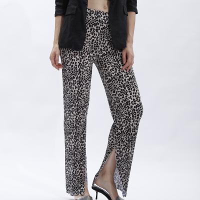 China QUICK DRY Trendy Stylish Leopard Print Pleated Loose Leg Right Side Split Wide-Leg Pants for sale