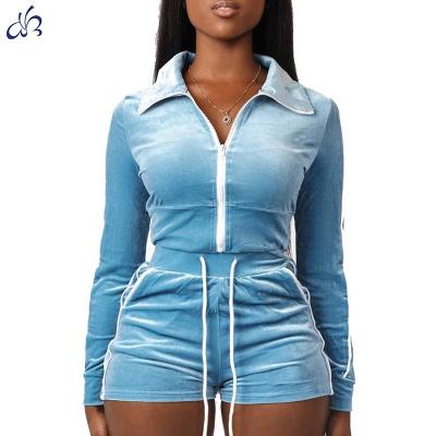 China Anti-pilling Women Designer Women Cloth Long Sleeve Velor Zipper Tracksuit Jacket Custom Crop Top Sweatshirt Crop Top Shorts Sets Outfits Two Piece Set for sale