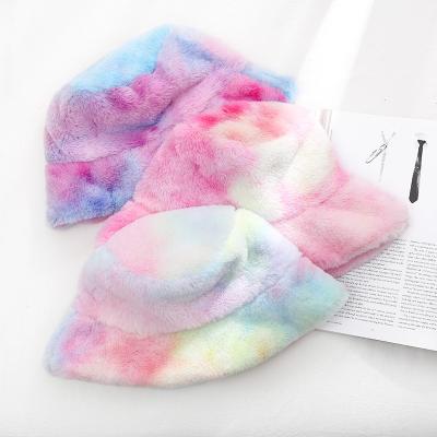 China Picture Fashion To Women's Bucket Hat Korean Tie Dyed Rainbow Color Plush Basin Hat Winter Fashion Korean Warm Hat for sale