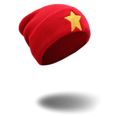 China New Hip Hop Style Yellow Gold JOINT Star Embroidery Cool Bright Red Acrylic Knitted Men Women Skullies Beanie Cap Hat For Cold Weather for sale