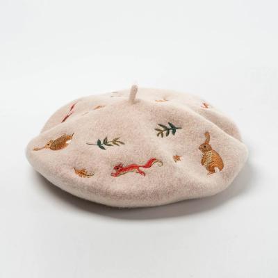 China Korean Artist Hat Wool Hat Mori Rabbit Squirrel Leaves Embroidered Woolen Beret Image Autumn And Winter New for sale