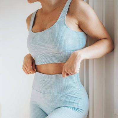 China Breathable China Ribbed Bra And Jogging Pants Fitness Elastic Women Team 2 Piece Workout Yoga Gym Wear for sale