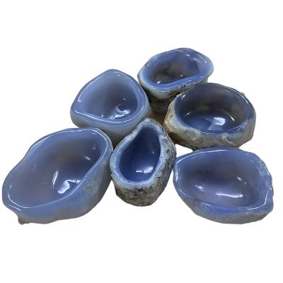 China Europe Customized Natural Hand Carved Crystal Bowl Gemstone Blue Chalcedony Folk Quartz Bowl Crafts for sale