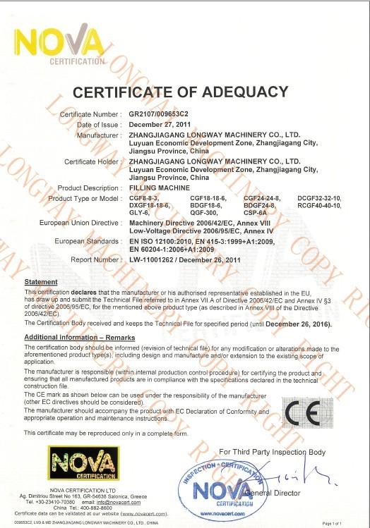 CE - Zhangjiagang Longway Machinery  Co., Ltd