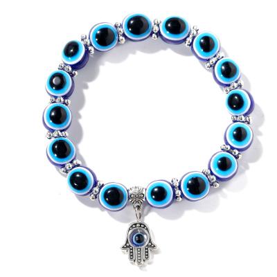 China 8mm 10mm Hamsa Hand Evil Eye Bracelet Silver Resin Beads Elastic Punk Blue Turkish Eye Bracelet Jewelry for sale