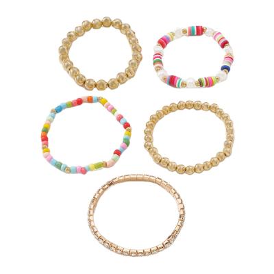 China Cute Simple Retro Bracelets Set Soft Rice Ceramic Beads Contrast Color Round Beads Claw Chain Ethnic Wind Colorful Hand Jewelry for sale