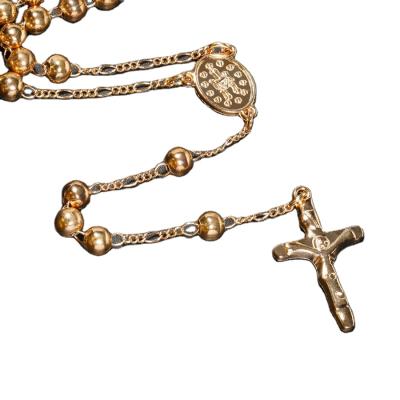 China Saint Benedict Religious Rosary 7x8mm Wood Bead Catholic Cross Necklace Rosaries Sublimation Rosary Necklace for sale