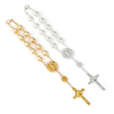 China Catholic Religious Glass Jesus Rosary Bracelet Gold and Silver Lace Faux Bead Cross Beaded Bracelets Sublimation Rosary Bracelets for sale