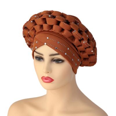 China Multi-Functional Luxury Women Latest Nigeria Headwrap African Headband Hat Rhinestone Woven Turban for sale