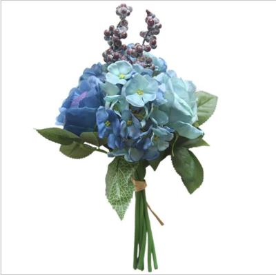 China Hot Selling Eco-friendly Artificial Flowers Blue Hydrangea Rose Flower Bouquet For Wedding for sale