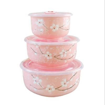 China 3pcs Ceramic Snowflake Luster Fresh-Keeping Ceramic Bowl Korean Style Set By Microwave For Wedding Gift for sale