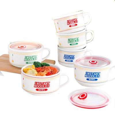 China Ceramic Instant Noodle Porcelain Soup Bowl Creative Cute Cute Soup Bowls With Cover Bento Box Student Lunch Box Soup Bowl With Handle for sale