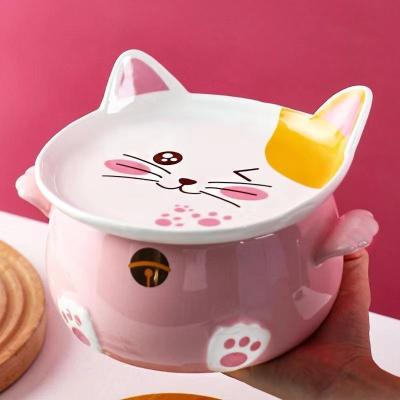 China Hot Selling Cute Ceramic KitchenBowl Microwave Lid Cat Big Bowl With Handle Cartoon Pink Dinnerware Lunch Instant Noodle Salad Soup Bowl for sale