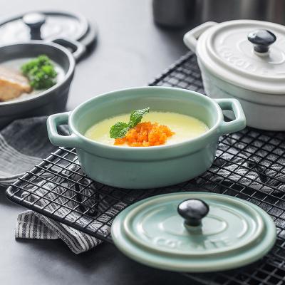 China Microwave Ceramic Ceramic Tableware Modern Design Soup Pot Oval Soup Bowl With Cover Two Handle Porcelain Bowl For Every Day for sale