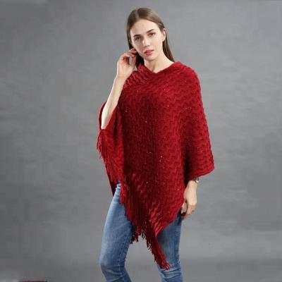 China 2016 fashion new anti-pilling knitting pattern pullover sweater with sequin woman tassel poncho for sale