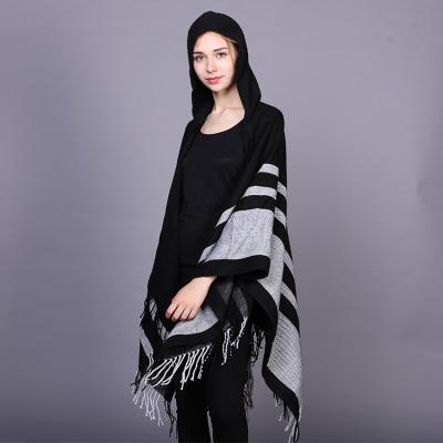 China Solid Color Acrylic Reversible Women Blanket Women's Oversized Poncho With Hat Kashmir Yak Wool Cape Shawl Cardigans for sale