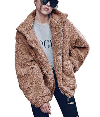 China Sustainable Women's Fashion Long Sleeve Lapel Zip Faux Fur Jacket With Pockets Shearling Shaggy Oversized Warm Winter Coat for sale