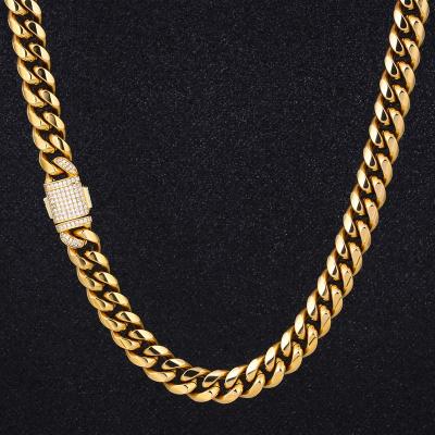 China Wholesale Hiphop Zircon Buckle 12mm 18K Gold Plated Stainless Steel Miami Cuban Link Chain for sale