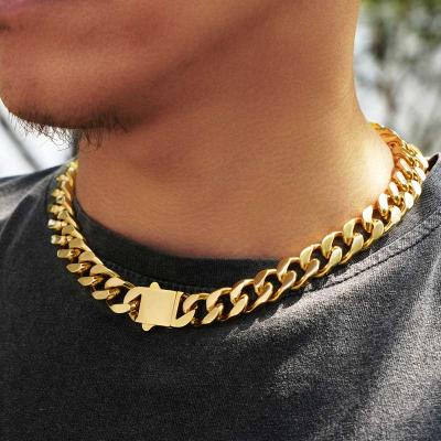 China 14mm Stainless Steel Cuban Link Non-fading Chain Bracelet Fashion Black Gold Silver Men Miami Restriction Chain Choker Necklace for sale