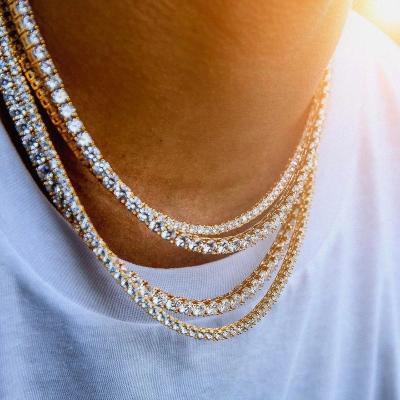 China Hiphop Brass Material Gold 0.3u Silver Plated 5A CZ Inced Out Of Real Tennis Chain Necklace for sale