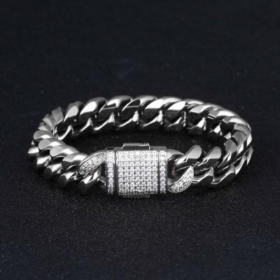 China 2021 Hiphop Fashion Zircon Clasp Bracelet 12MM Stainless Steel 18k Gold Plated Cuban Link Bracelet for sale