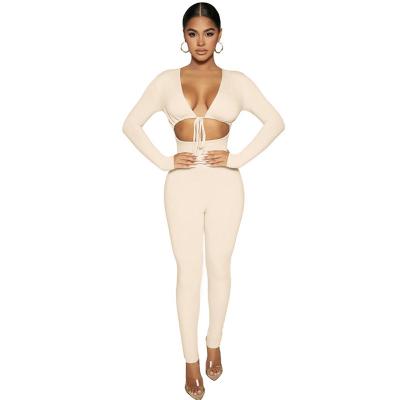 China QUICK DRY Waisted Stockings Pants Deep V-Neckline Solid Color Bodycon Halter Crop Hollow Out Club Set Sexy Ribbed Top Sleeveless Costume Long Sleeve for sale