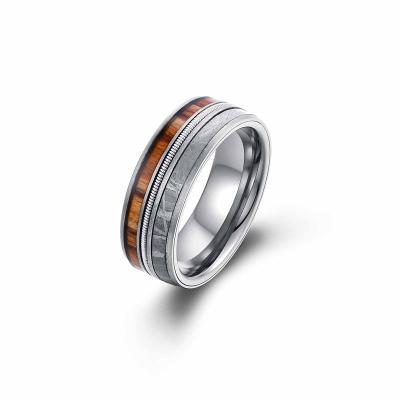 China Meteorite Ring Inlay Zebra Wood Hard Band and Guitar String Tungsten Rings for Men for sale