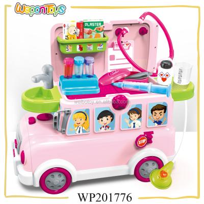 China New Design 28pcs Funny Bus Doctor Funny Bus Set Kit Medical Toy Pretend Play Doctor Set With Light for sale