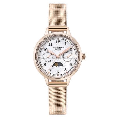 China Lady Thin Stainless Steel Sapphire Logo Watches Case Luxury Fashion Gold Quartz Wristwatches Custom Brand Moon Phase Style for sale