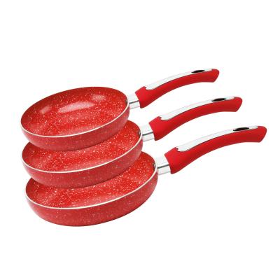 China Sustainable Red Granite 3pcs Ceramic Coating Aluminum Frying Pan Set For Scrambled Eggs for sale