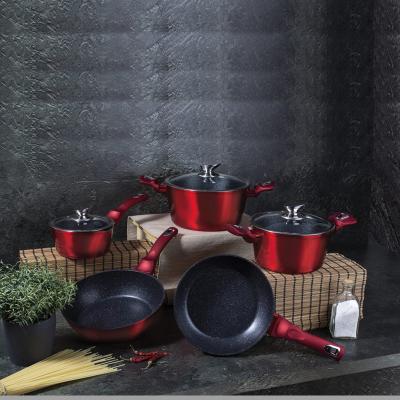 China Sustainable 8pcs Cookware Sets Ceramic Marble Granite Red Pots Non Stick Casserole Cookware Set for sale