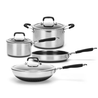 China 7pcs Sustainable Three Layers German Bottom Cooking Pot Set 304 Stainless Steel Cookware Set à venda