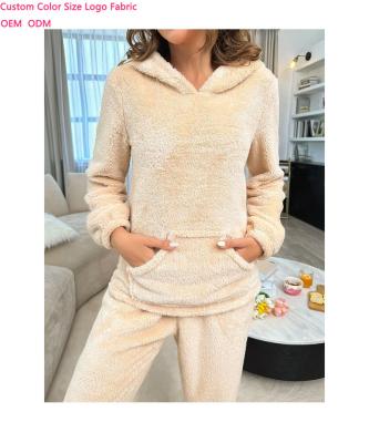 China QUICK DRY Warm Winter Sleepwear Wholesale OEM ODM Sale Loungewear 2 Piece Sweater Set Plush Hooded Tops Pants Custom Made Pajamas For Women for sale