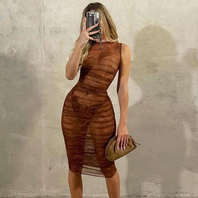 China 2021 summer new anti-static women's fashion round neck sleeveless thin print sexy club dresses sexy elegant mesh mid length casual outfits for sale