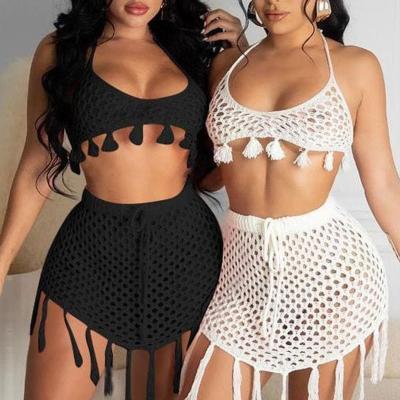 China New large size anti-static summer bikini split blouse knit loose skirt women's net weave tassel beach casual cut two-piece dress for sale