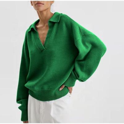 China 2022 New Winter Autumn Women's Knitted Casual Anti-wrinkle Polo Collar Pullover Green Sweater Long Sleeve Loose Sweaters Custom For Women for sale