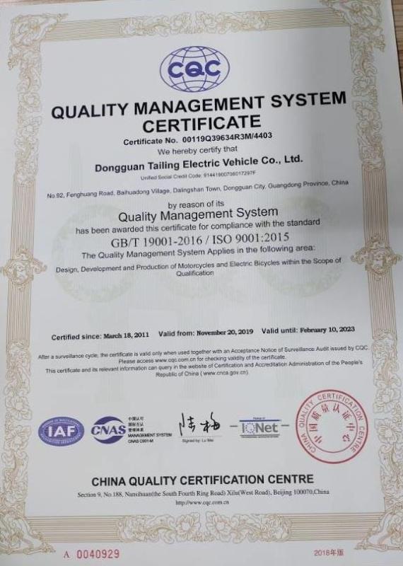 ISO9001 - Dongguan Tailing Electric Vehicle Co., Ltd.