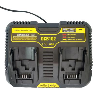 China Replacement Universal Li-ion AC Charger 110V 240V Dual Battery Charger for DEWALT 12V-20V Max DCB102 DCB204 with Two USB Ports Lithium Battery Charger for sale