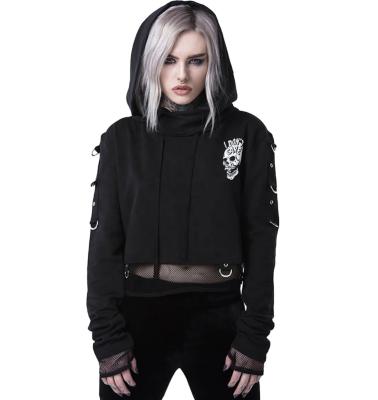 China Anti-wrinkle OEM cool splice grenadine printing FB skull translational motor girl hoodie crop top coated women for sale