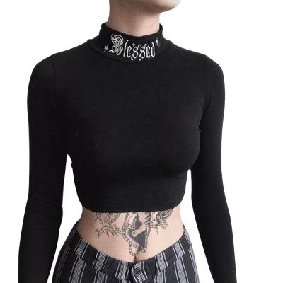 China Intriguing INS Women's OEM Breathable High Embroidery Tight Fit Collar All-match Reveal Navel Y2K Long Sleeve T-Shirt for sale